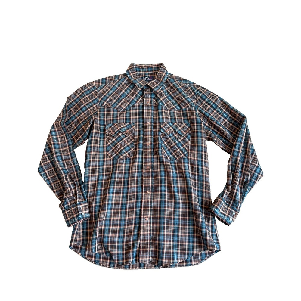 Levi's Western Plaid Brown Teal Pearl Snap Tapered Fit Shirt Men Large VTG 70's